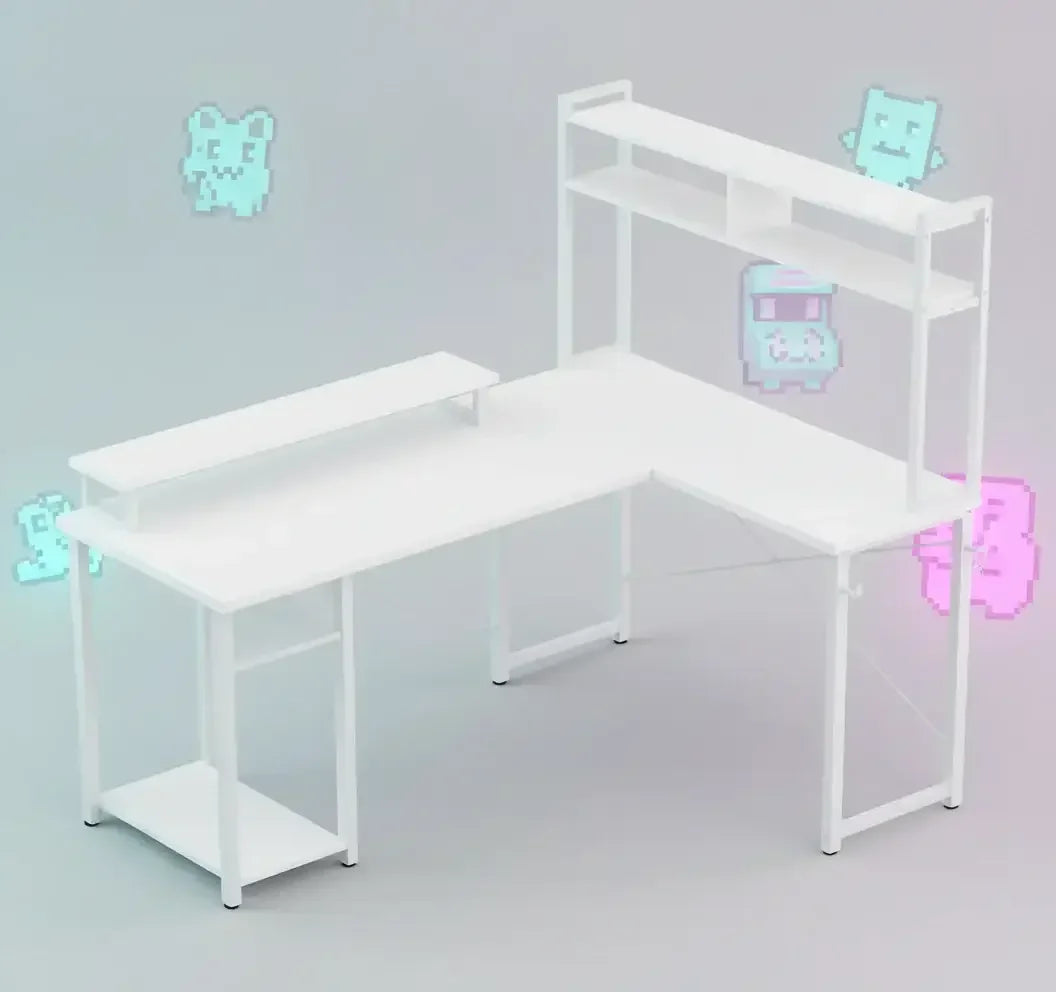 White L-shaped modern office desk with shelves and storage against gray background