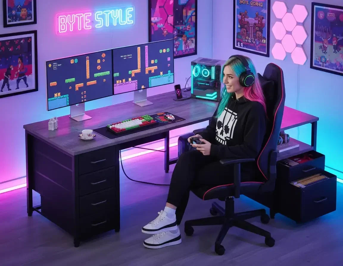 Young woman with colorful hair and headset playing video games in a neon-lit gaming setup