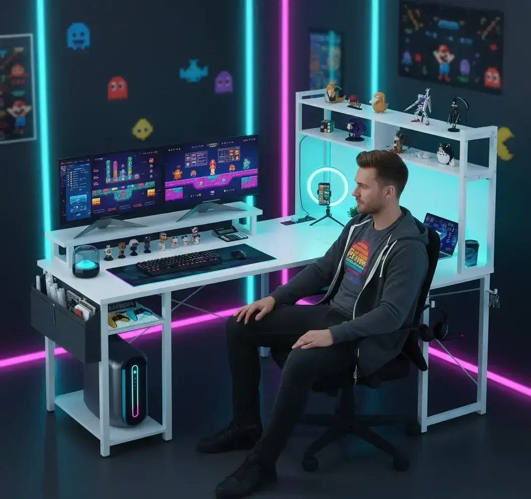 Man sitting at white gaming desk with triple monitors, LED lights, and gaming collectibles in neon-lit room