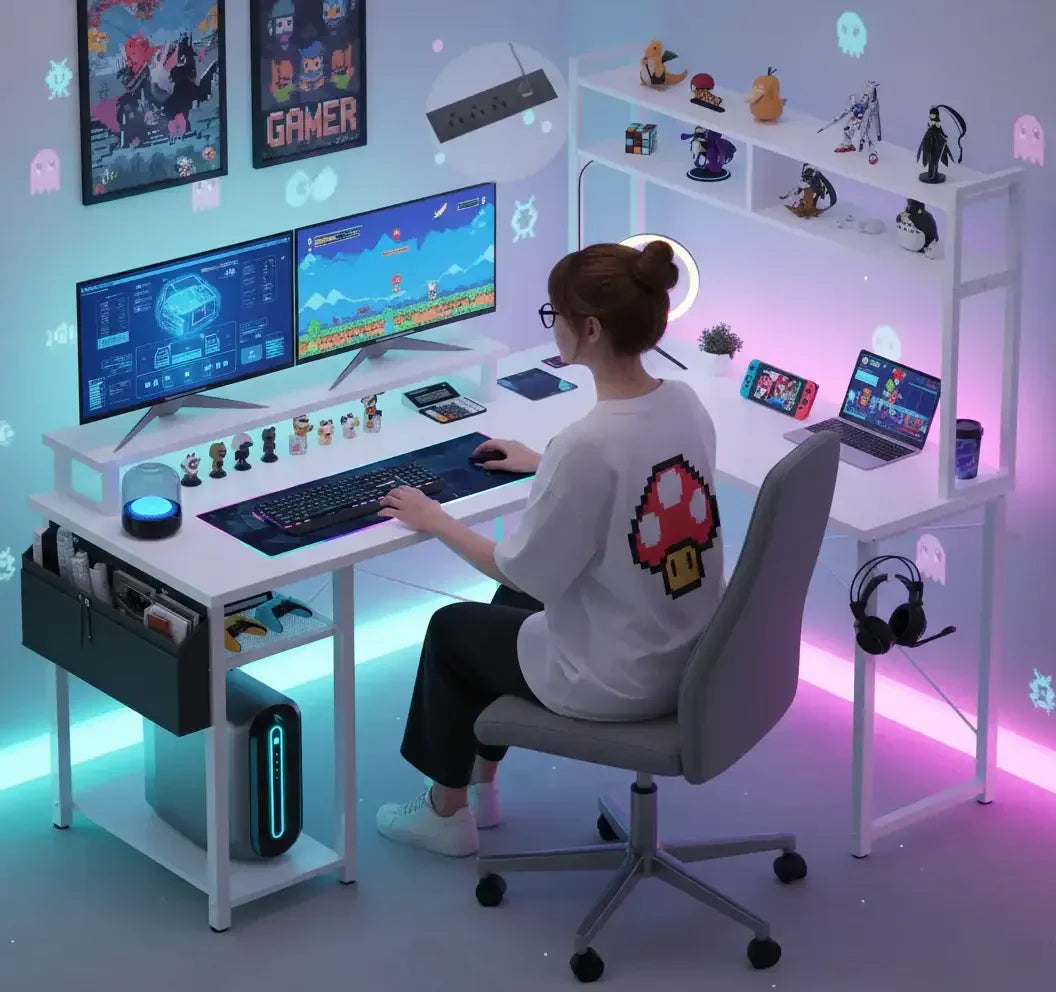 Gamer woman playing video game on dual monitors at a white desk with RGB lighting and gaming collectibles