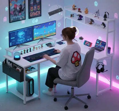 Gamer woman playing video game on dual monitors at a white desk with RGB lighting and gaming collectibles