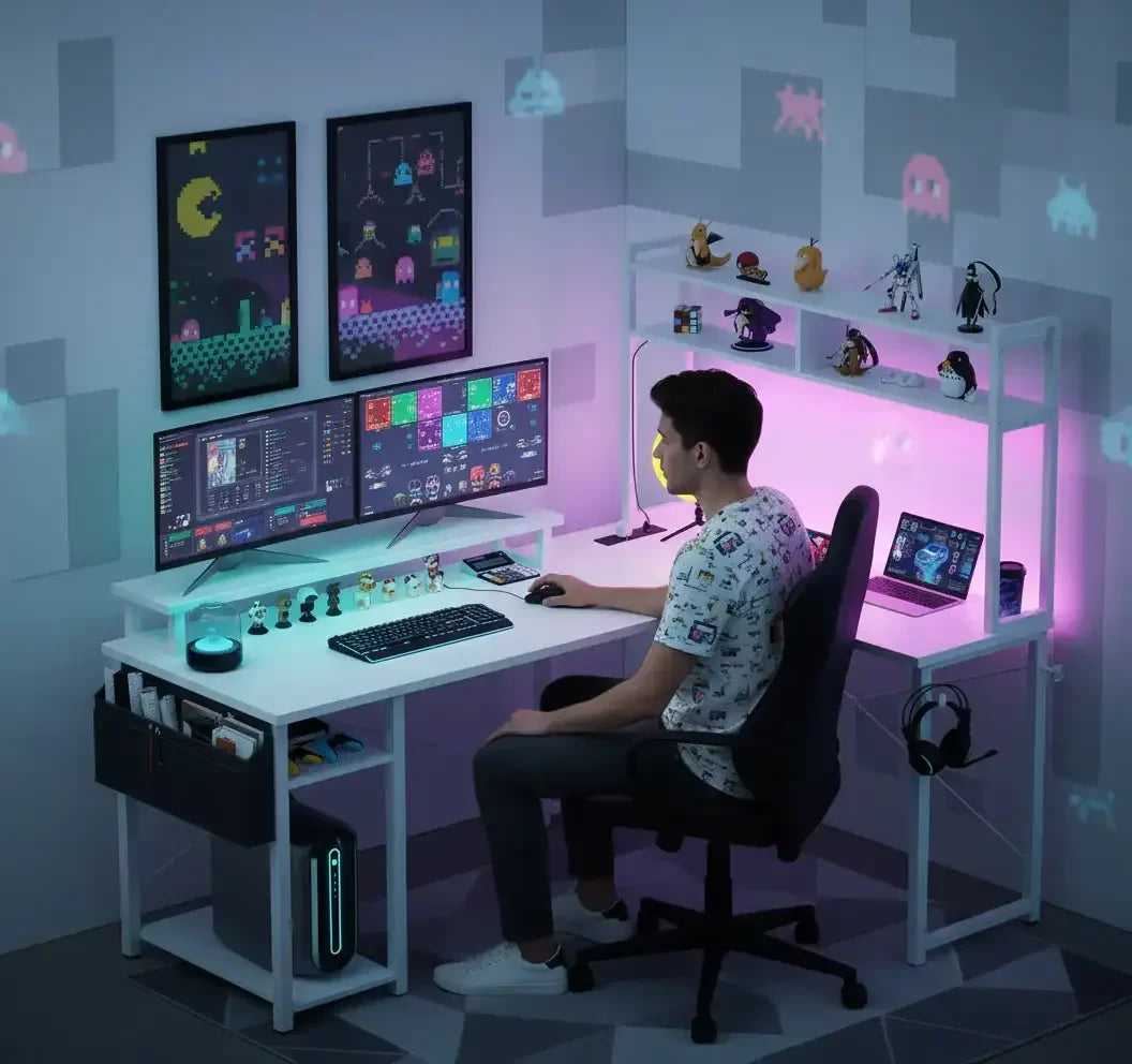Gamer working at dual-monitor gaming setup with pixel art posters and LED-lit collectibles