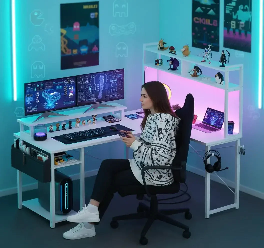Young woman gaming at a dual-monitor setup with futuristic digital car and arm blueprints, neon-lit modern desk