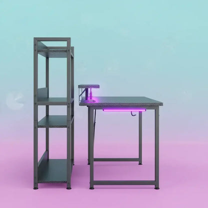 Modern gray gaming desk with attached shelving and purple LED lighting on pink and blue gradient background