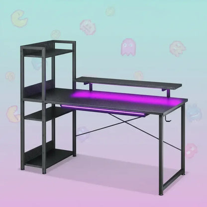 Black gaming desk with purple LED lighting, shelves, and retro arcade icons background.