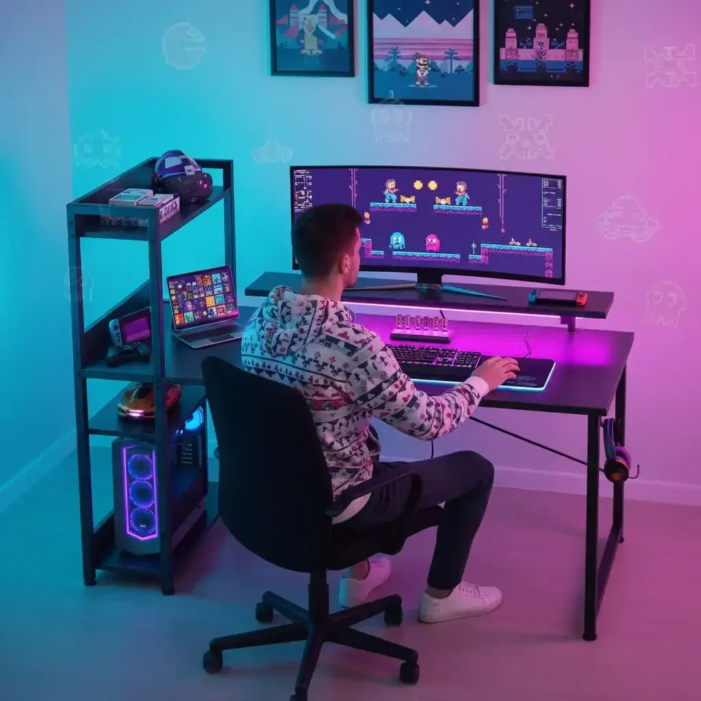Gamer at RGB-lit desk with ultrawide monitor, retro game on screen, modern gaming setup