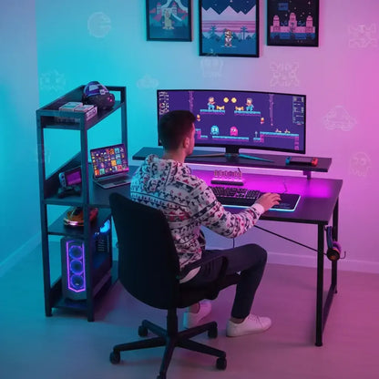 Gamer at RGB-lit desk with ultrawide monitor, retro game on screen, modern gaming setup