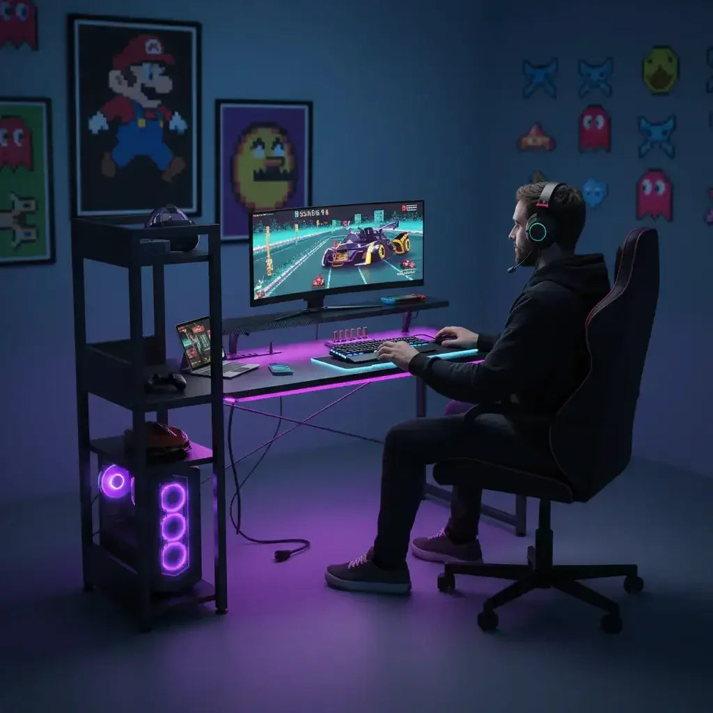 Gamer at LED-lit desk playing racing game, surrounded by pixel art posters in a gaming room