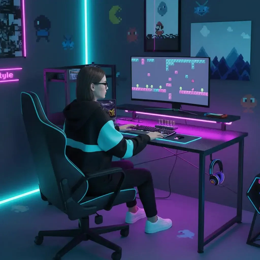 Gamer girl at RGB-lit gaming setup with dual monitors, neon decor, and wall art