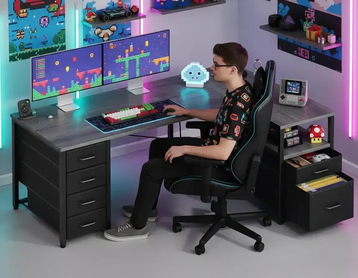 Young man gaming at a dual-monitor desk setup with RGB lighting and retro video game decor