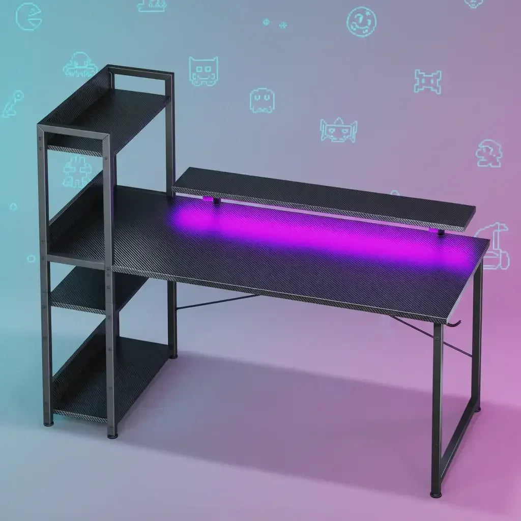 Modern gaming desk with carbon fiber finish, purple LED light, and side shelves against blue-pink background with retro gaming icons.