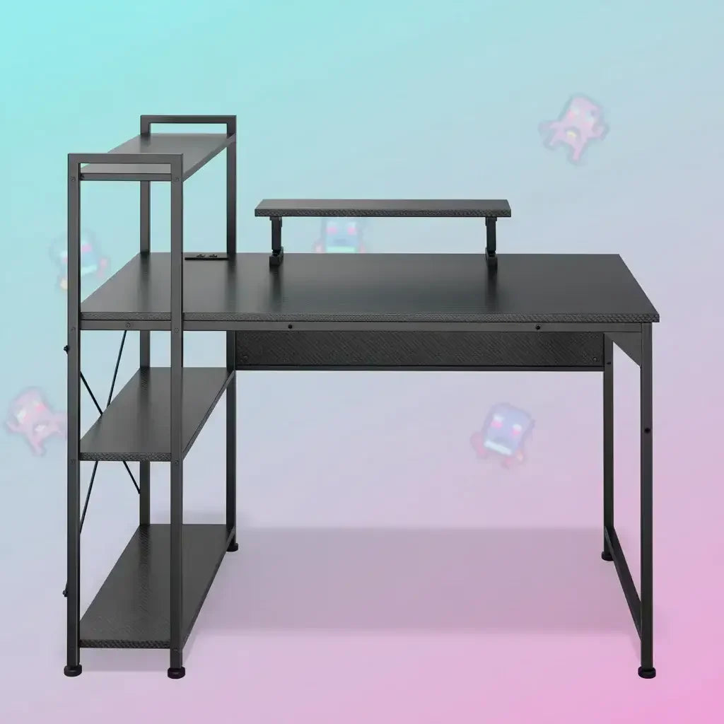 Black metal gaming desk with side shelves and monitor stand on gradient background