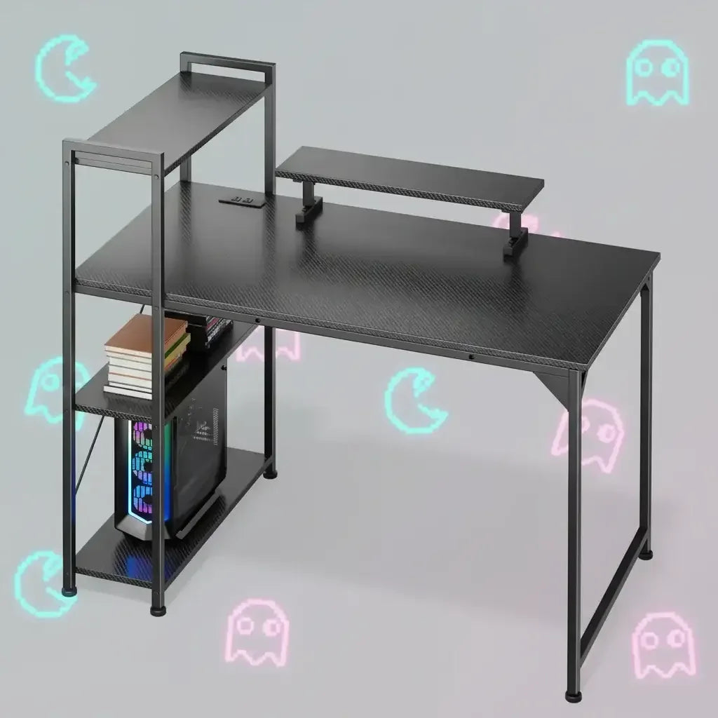 Black carbon fiber gaming desk with monitor stand, side shelves holding books and PC tower