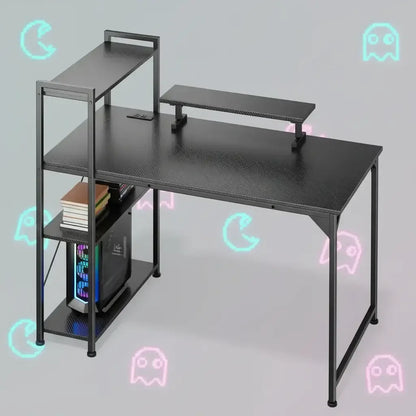 Black carbon fiber gaming desk with monitor stand, side shelves holding books and PC tower
