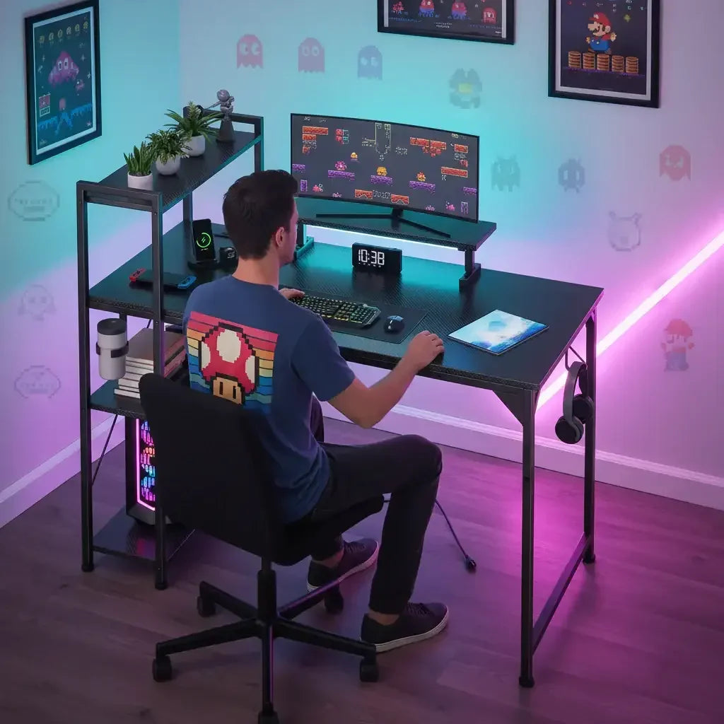 Gamer at desk with ultrawide monitor showing pixel art game, RGB lighting, and retro gaming decor
