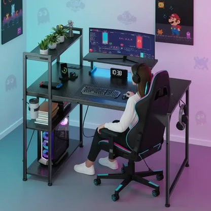Person in gaming chair using a curved monitor with gaming setup and pixel art posters on walls