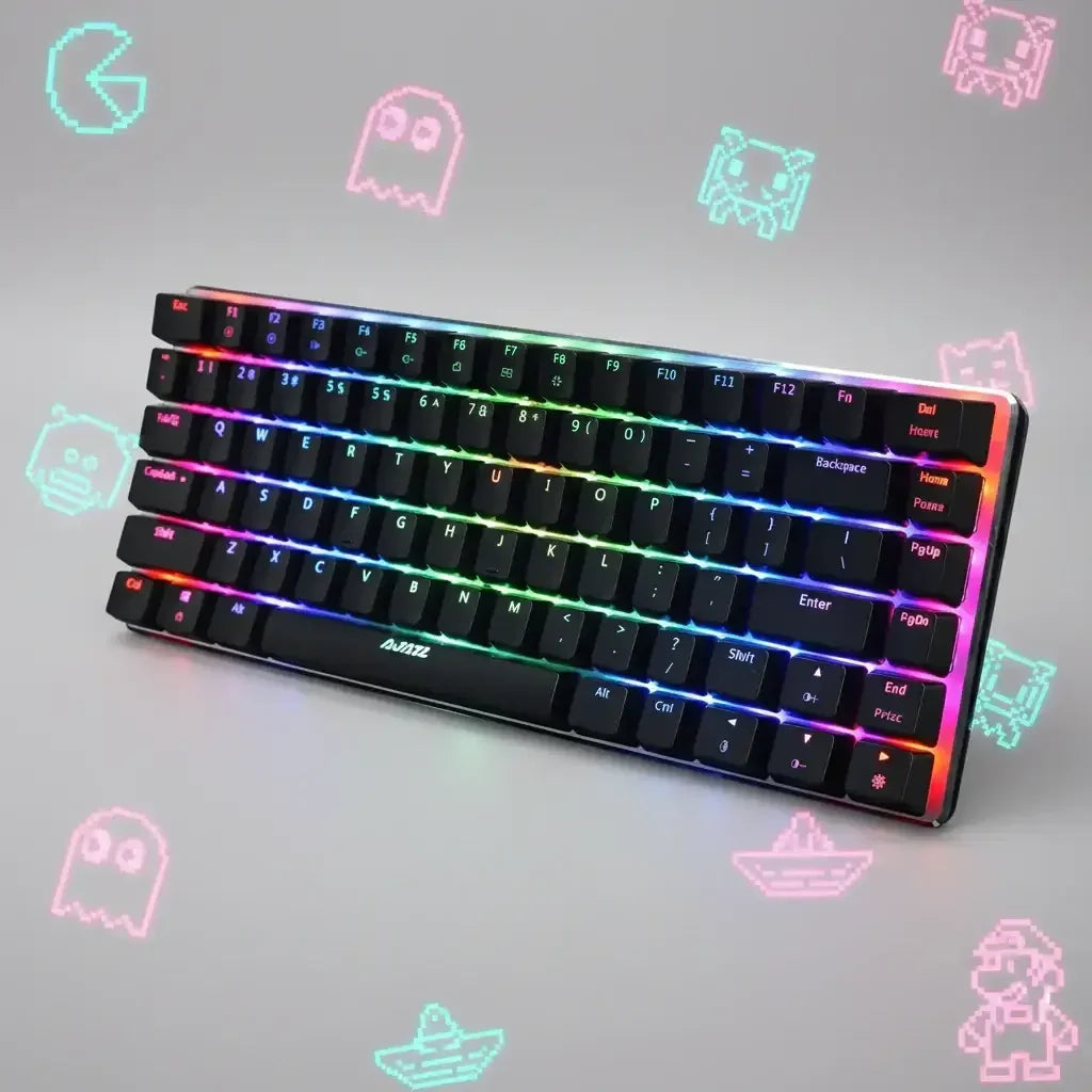Mechanical keyboard with RGB backlighting and black keycaps on a gray background with retro video game pixel art