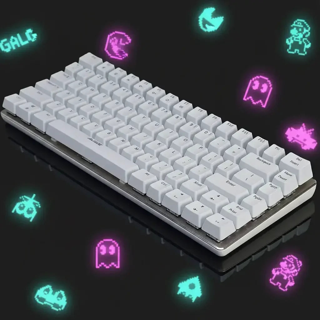 White mechanical keyboard with pixel art retro game characters on black background