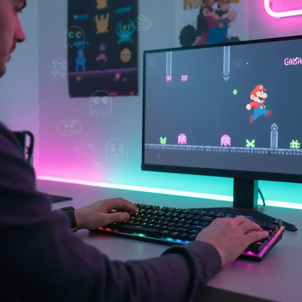 Gamer playing retro-style pixel art platform video game on PC with RGB keyboard in colorful room