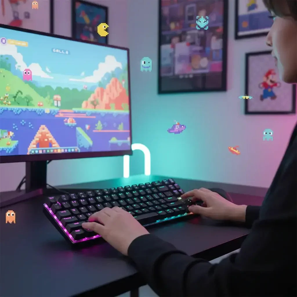 Person playing pixel art video game on PC with RGB keyboard in a gaming room with retro posters