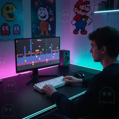 Young man playing retro pixel art video game on PC in a neon-lit gaming setup with Mario and Pac-Man wall art