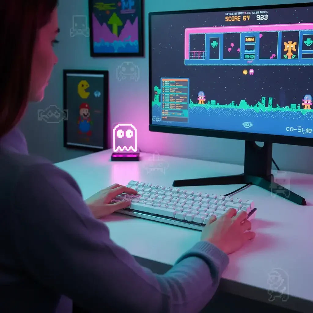 Person playing retro pixel art arcade game with white keyboard and Pac-Man poster in gaming setup