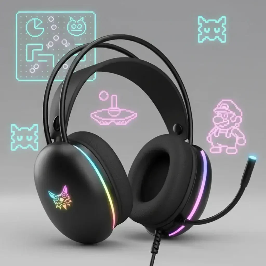 Black gaming headset with RGB lighting and retro video game icons on a gray background