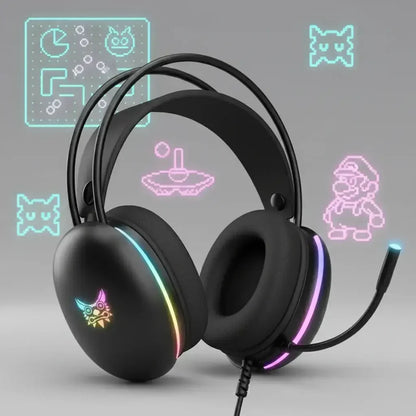 Black gaming headset with RGB lighting and retro video game icons on a gray background