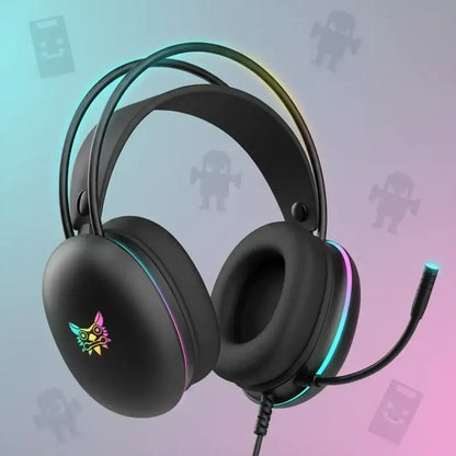 Black RGB gaming headset with microphone and cat face logo on pastel background