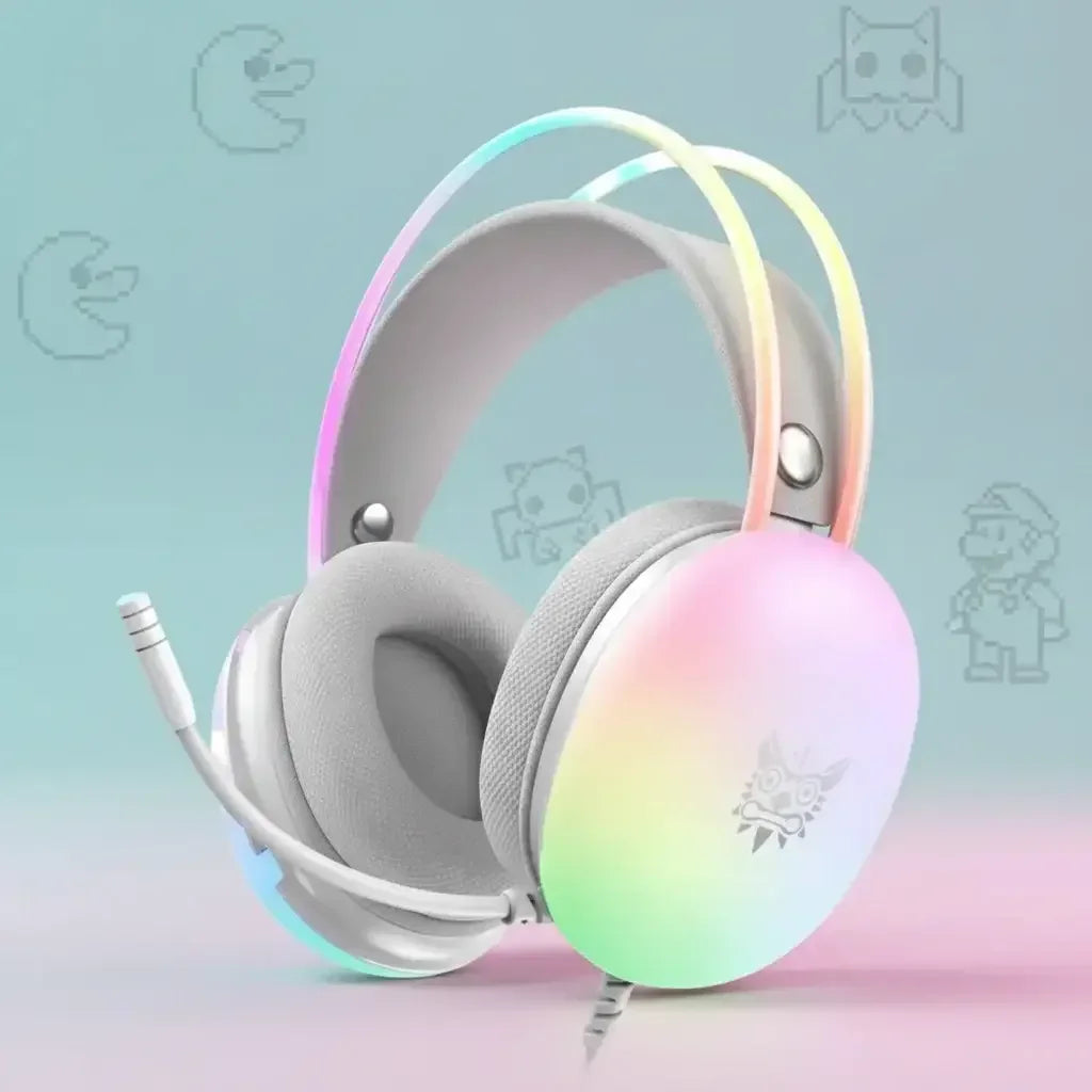 Pastel gaming headset with cat logo and RGB lighting, retro video game icons in background