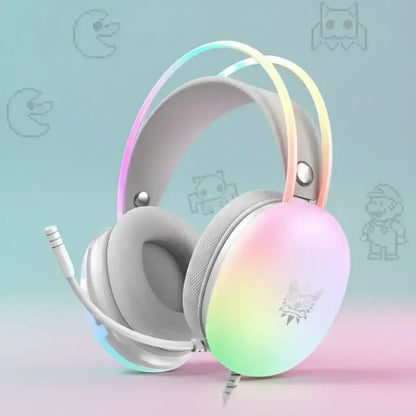 Pastel gaming headset with cat logo and RGB lighting, retro video game icons in background