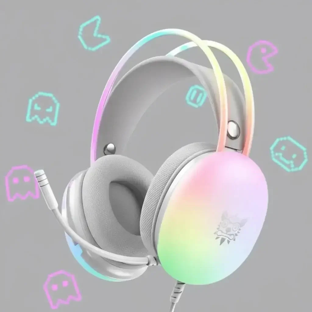 Pastel rainbow gaming headset with microphone, Pac-Man neon icons on gray background