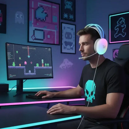 Gamer with headset at RGB-lit desk playing retro video game, pixel art decor in background