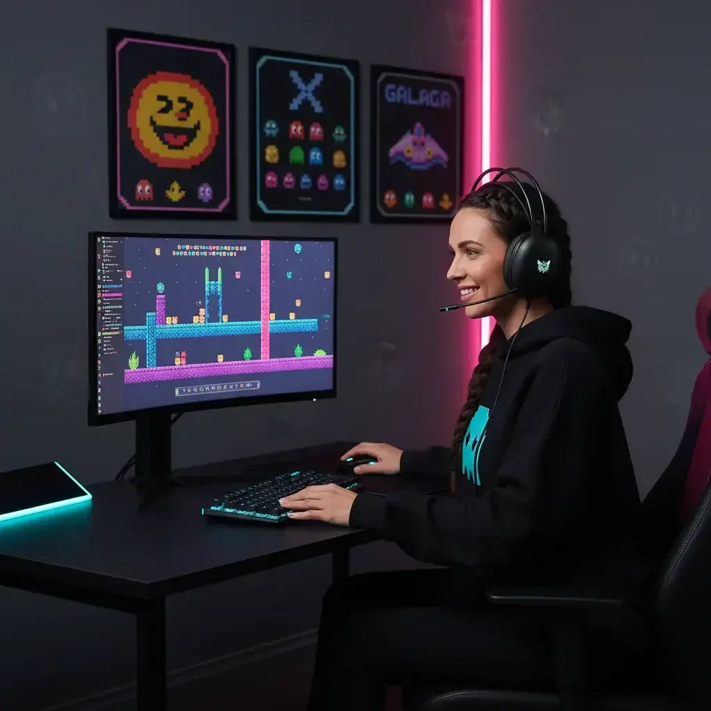 Woman gaming with headset at RGB-lit desk, retro pixel art posters on wall, streaming setup