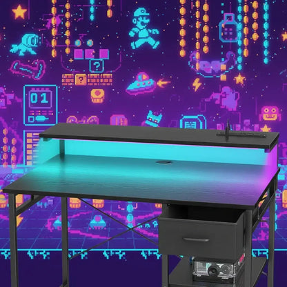 Modern black gaming desk with LED lighting and pixel art video game background