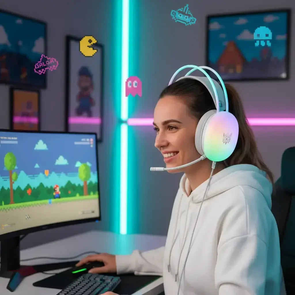Smiling woman gaming at PC with RGB headset, pixel art decor, retro video game theme