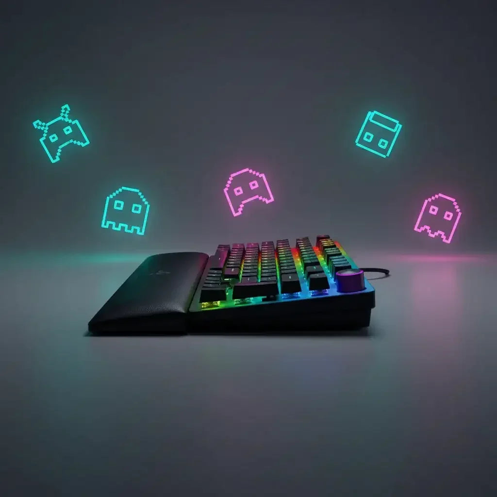 RGB mechanical gaming keyboard with retro pixel art icons and dark background