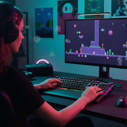 Woman gaming at RGB keyboard with retro pixel art video game on monitor in neon-lit room