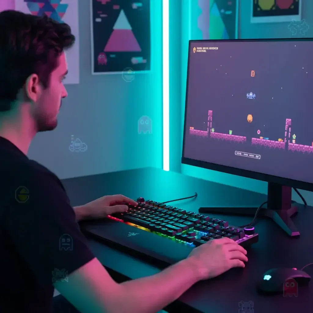 Gamer playing retro arcade platformer on RGB keyboard and gaming PC with neon lights