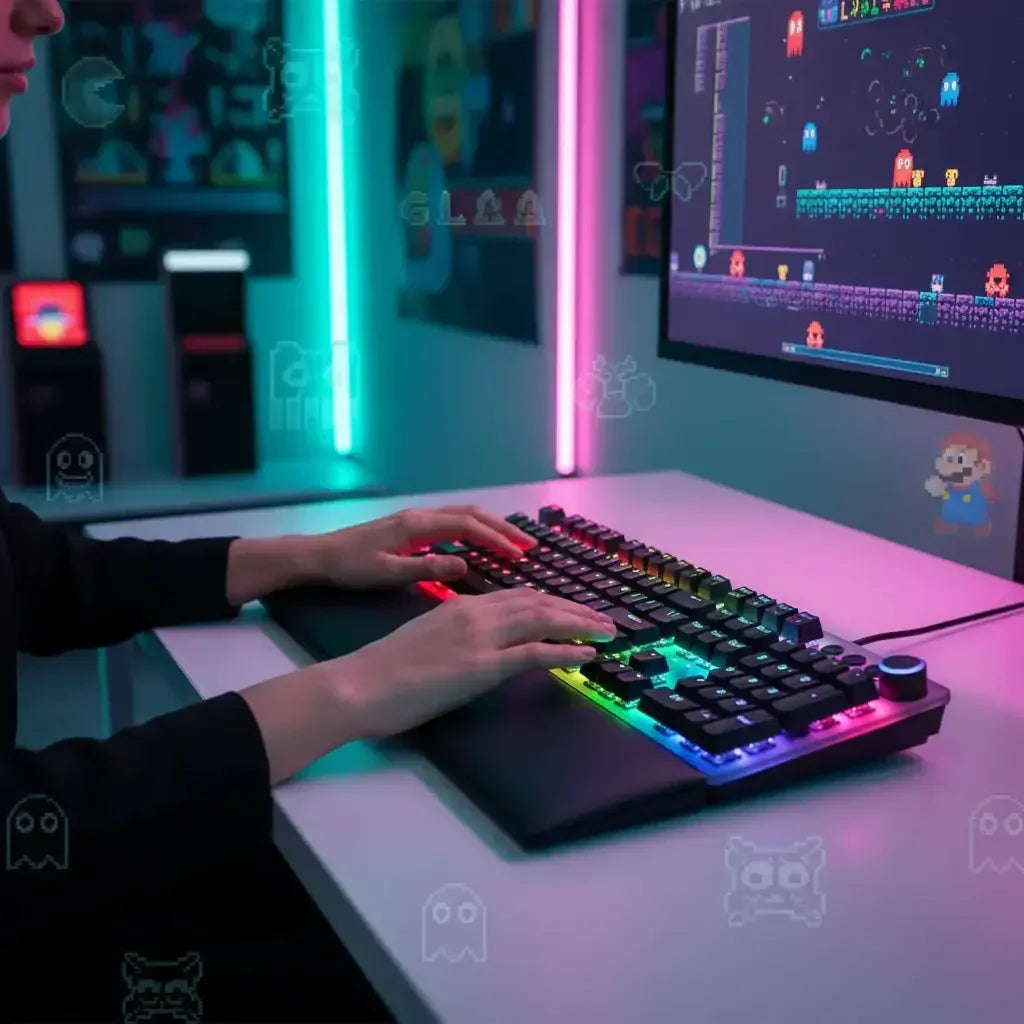 Person gaming on RGB mechanical keyboard with retro arcade game on monitor in neon-lit room