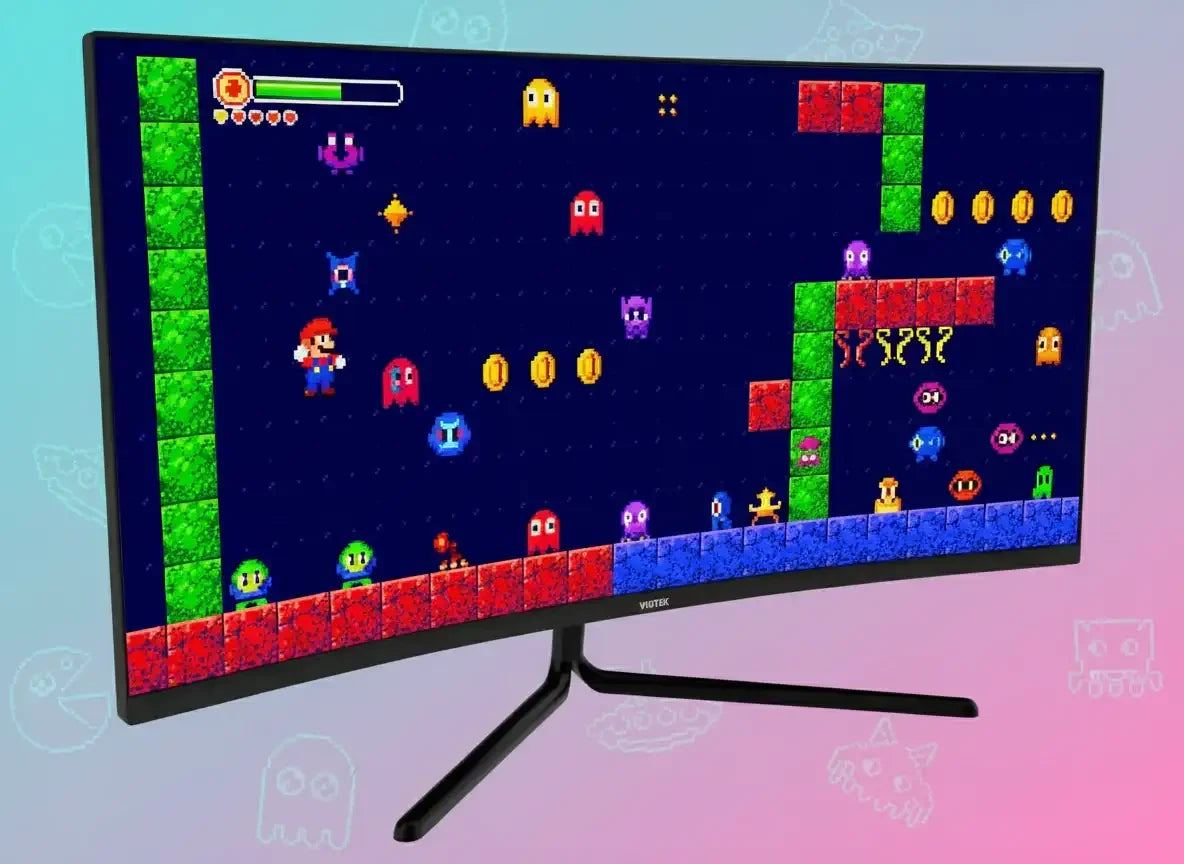 Curved Viotek monitor displaying colorful retro-style pixel art video game with Mario-like character and collectible coins