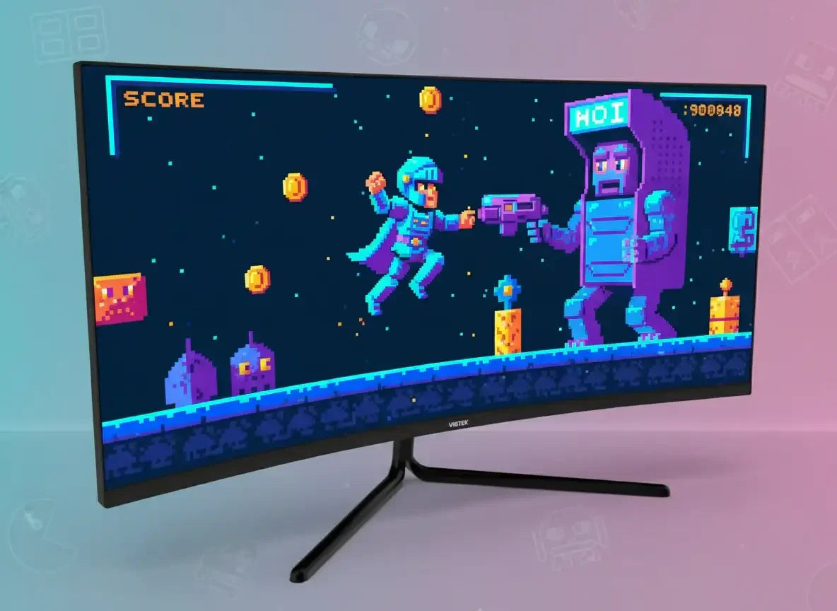 Curved gaming monitor displaying colorful retro pixel art game scene with astronaut and robot character