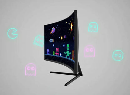 Curved gaming monitor displaying retro pixel art aliens and spaceships with neon Pac-Man ghosts on gray background