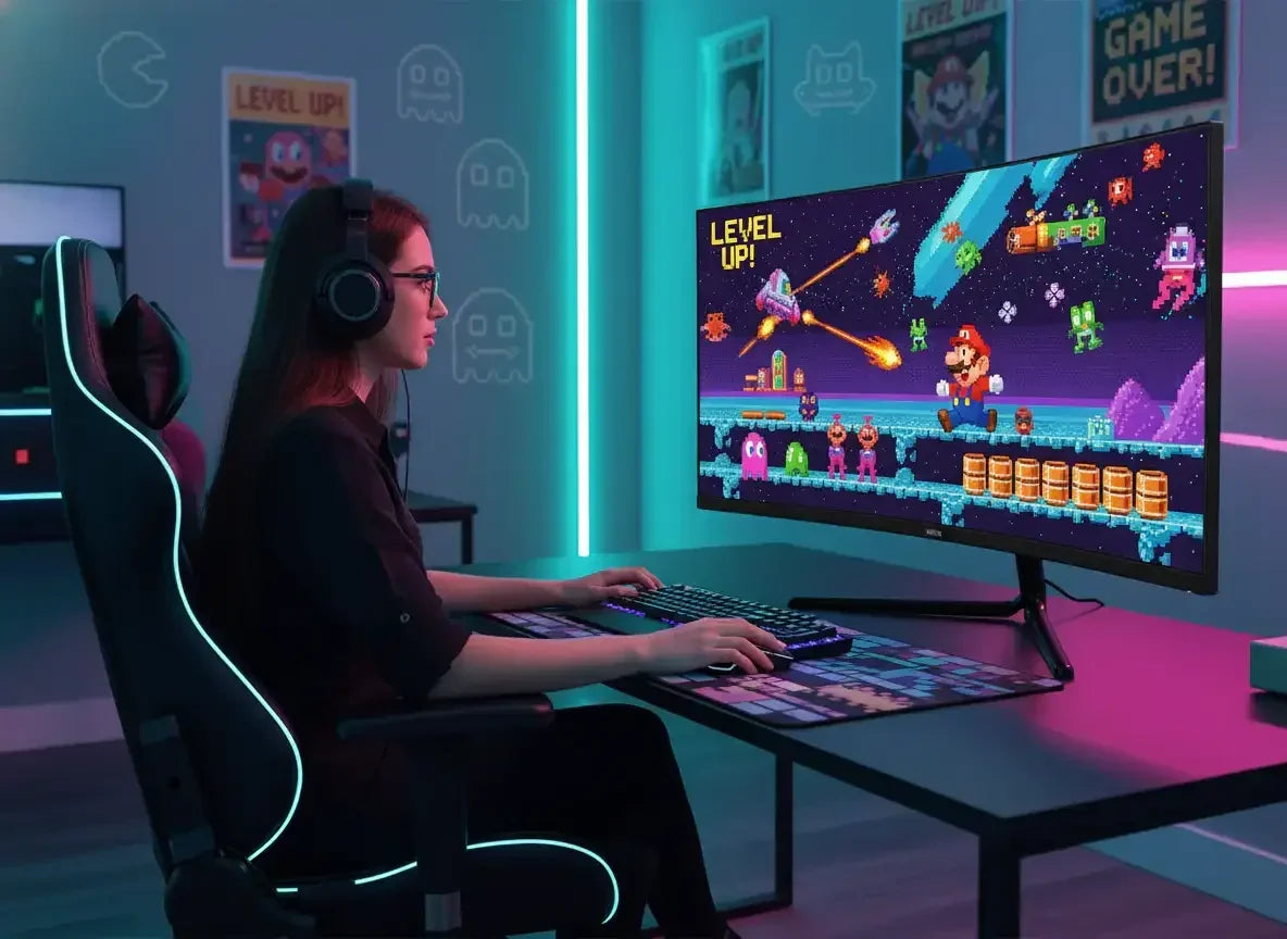 Gamer woman wearing headset playing retro-style pixel art game on ultra-wide monitor with RGB-lit gaming chair