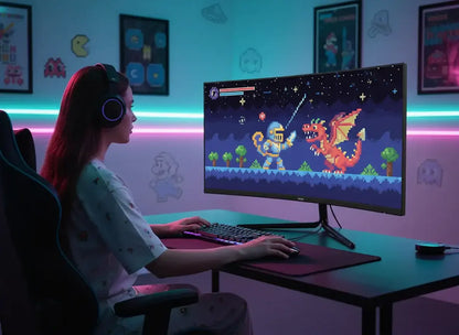 Gamer woman with RGB headset playing retro-style pixel art knight vs dragon game on widescreen monitor in RGB-lit gaming setup