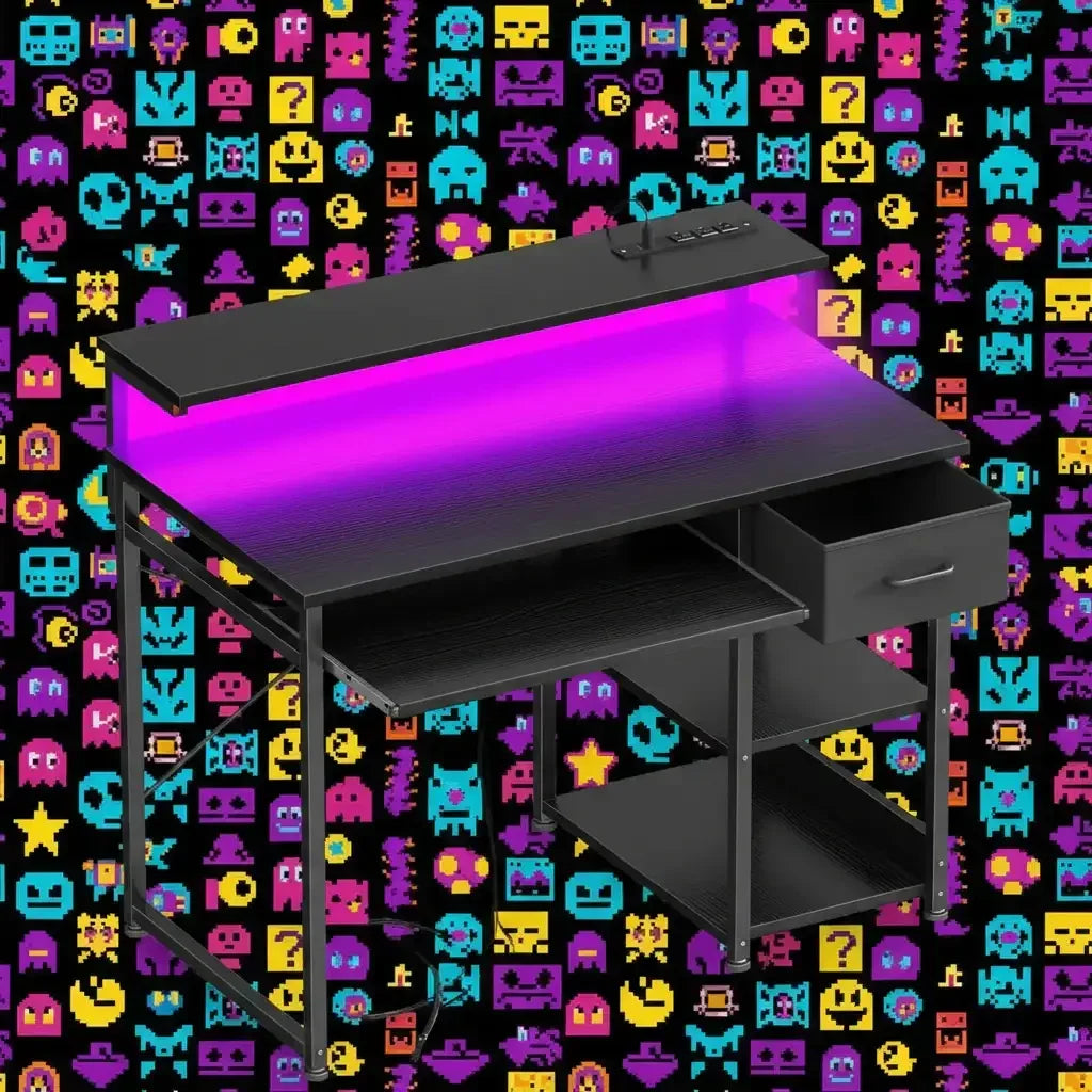 Black gaming desk with purple LED lighting, drawer, and shelves against retro pixel art background