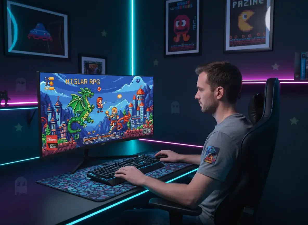 Man gaming at desk with curved monitor displaying pixel-art RPG game, RGB keyboard and mouse, retro gaming posters on wall