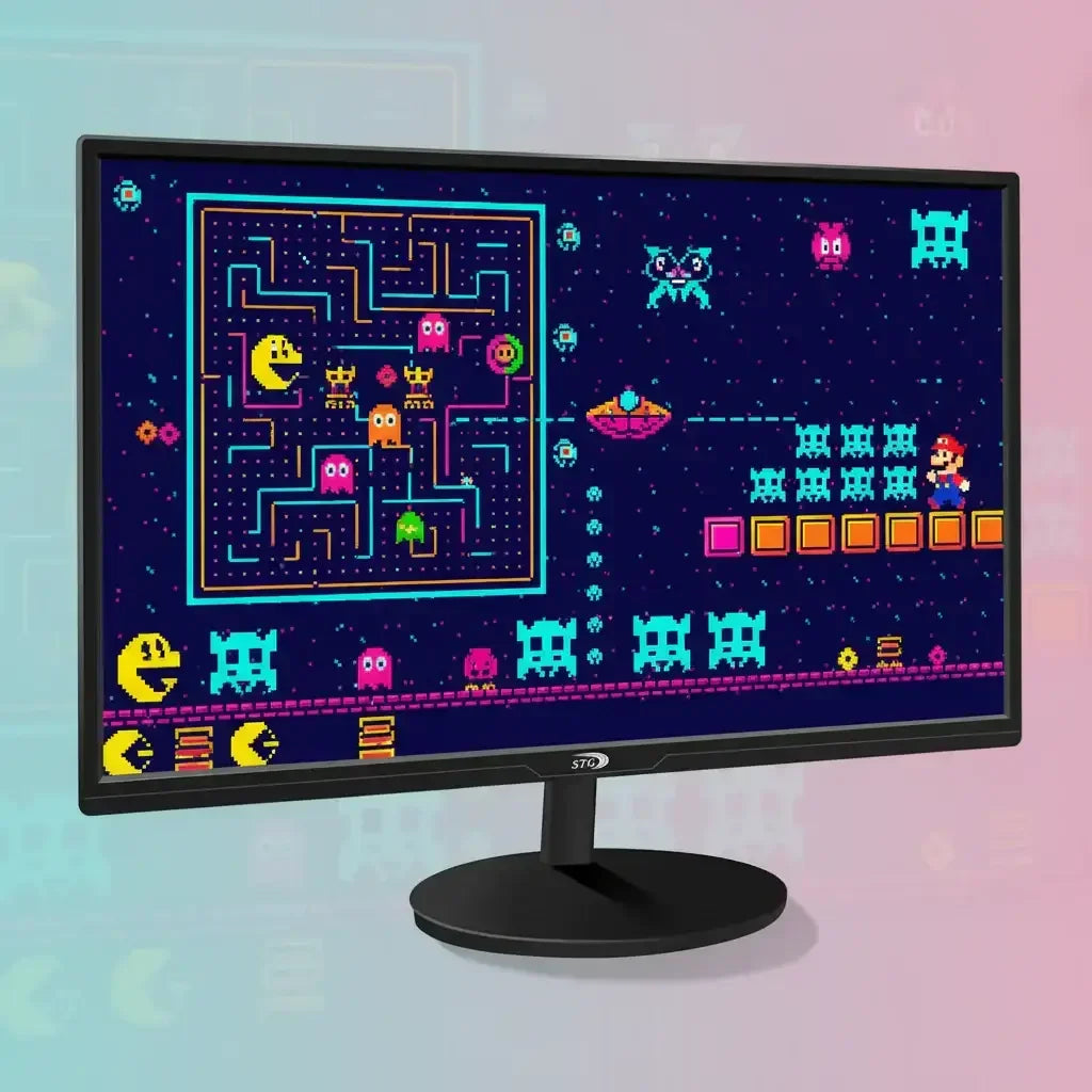 Computer monitor displaying retro arcade video game characters on a colorful pixel background