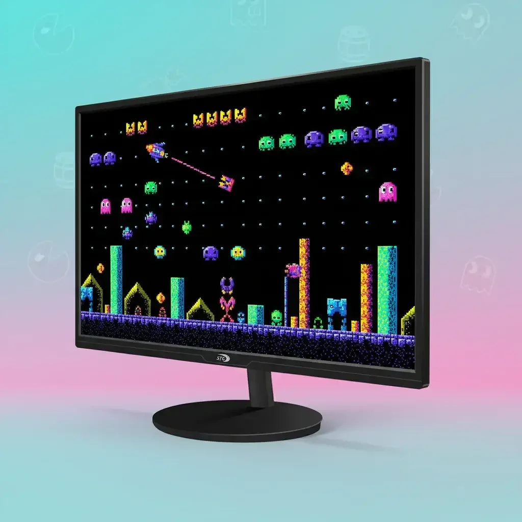 Monitor displaying retro pixel arcade game with colorful aliens and neon blocks