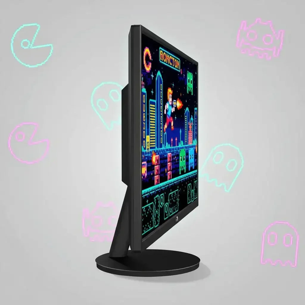 Side view of gaming monitor displaying retro pixel game with neon Pac-Man and Space Invader icons